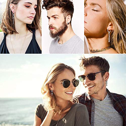 Fifata Cross Dangle Earrings For Men 20 Pieces, Stainless Steel Stud Hinged Hoop Earrings, Long Chain Kpop Earrings For Women, Black And Silver #TOP3