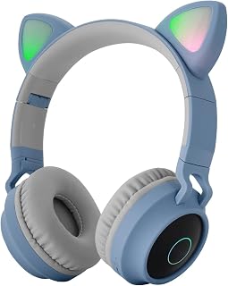 Fone de ouvido,ERYUE Glowing Cat Ear Fones de ouvido Luzes respiratórias de 7 cores dobráveis sobre a orelha Fone de ouvido musical sem fio BT5.3 Fone de ouvido com microfone AUX IN Cartão TF MP3 Pla