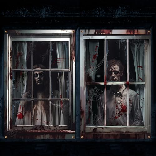 Newwiee 2 Pcs Scary Halloween Curtain Halloween Window Silhouette Decoration Blood Halloween Window Cover Horror Halloween Theme Window Poster for Indoor Outdoor Party Wall Door Decor(Blood Ghost)