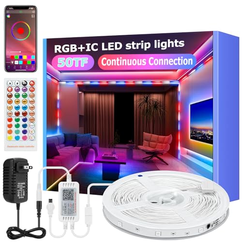 Prowemst Continuous Connection RGB 300LED Strip Lights, 50 FT Smart Color Changing LED Lights for Bedroom, Bluetooth APP Control, Music Sync for Gaming Room, Indoor