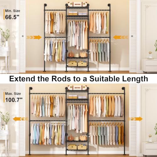 Image of ULIFHOME M7 Wall-Mounted Clothes Rack, Heavy-Duty Garment Closet System | Metal Clothing Storage Organizer with Shelves and Expandable Hangers, (66.5-100.7) inchL x 11.8 inchD x 86.6 inchH for Hanging, Black