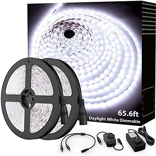 Onforu LED Strip Lights Bright White, 65.6ft 6000K Dimmable Daylight White Tape Light, 20m 1200 LEDs 2835 Flexible Ribbon Light, 12V Adhesive Rope Lights for Kitchen, Under Cabinet, Bedroom, Wardrobe