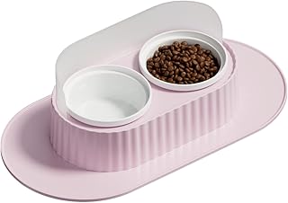 Raised Ceramic Cat Bowl Set Small Dog Food Water Dishes for Indoor Pets, with Dog Food Mat, Fit Yorkie, Shih Tzu, Maltese, Maltipoo, Pomeranian, Puppy Starter K