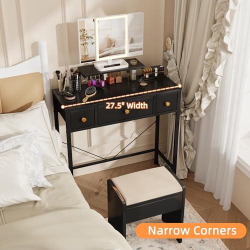 Image of HIGDBFE Small Makeup Vanity Desk 27.5''W with Mirror and Lights, 3 Drawers | USB Lighted Mirror, Height-Adjustable Stand, Fabric Drawers, Girls /Kids Gifts, Bedroom, Small Space, Dorm, Black