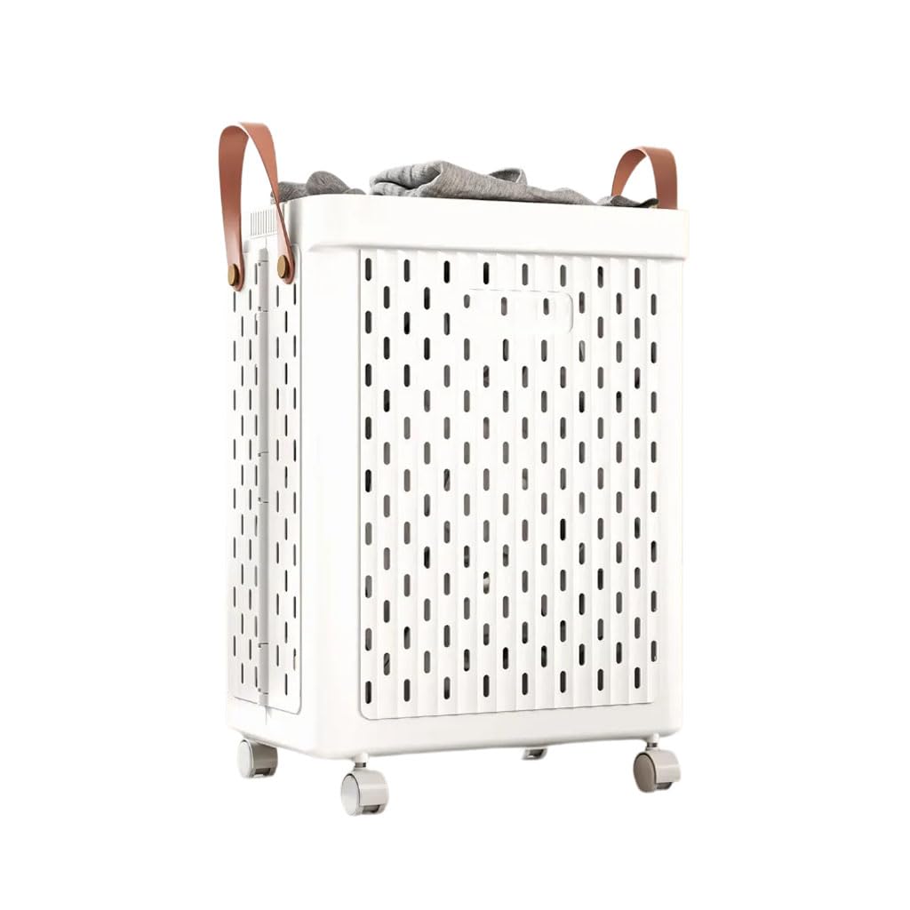 HRGKLMN Foldable laundry basket with practical carrying handles, breathable washing basket with wheels, sturdy laundry hamper organizer for bathroom, bedroom, household,White,L