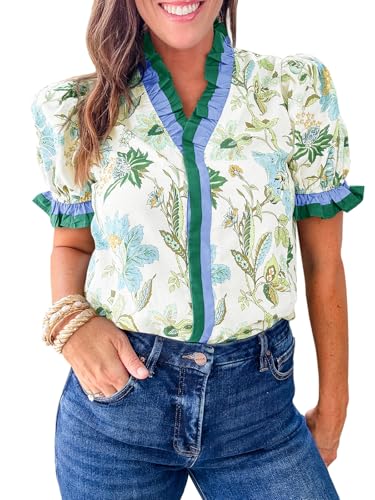 Cicy Bell Womens Summer Floral Print Tops Casual Puff Short