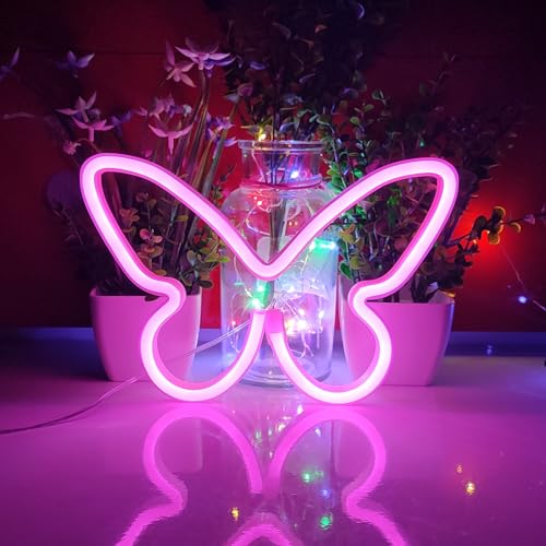 Image of JYWJ Butterfly Neon Sign,USB or 3-AA Battery Powered Neon Light,LED Table Decoration,Bedroom Wall Decoration,Birthday Gift,Wedding Supplies Business Gift(Pink)
