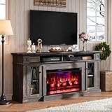 AMERLIFE 70' Farmhouse Heavy Fireplace TV Stand with 33' Electric Fireplace, for 80' TVs up, Media Entertainment Center with Diamond Door, TV Console Storage Cabinet for Living Room, Dark Rustic Oak