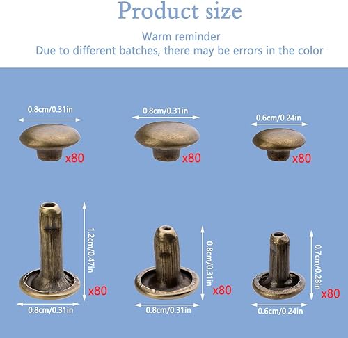 Miniatura 2 de TLKKUE 240 juegos de remaches para cuero, remaches de cuero, 3 tamaños, remaches de cuero de doble tapa para manualidades de cuero,