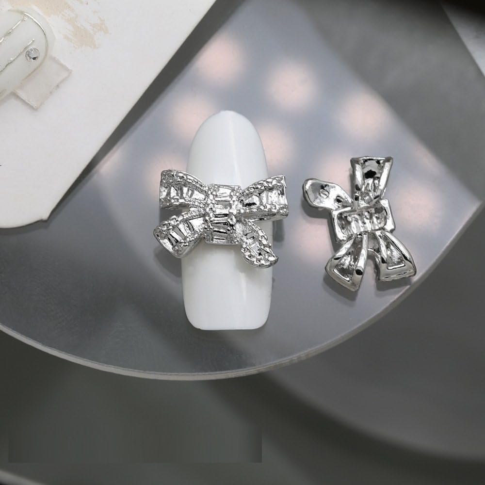 qbodp 40 Pcs Nail Charms, Fashion Nail Ornaments, Large Bow Decorations for Nail, Nail Supplies Nail Art Decoration Accessories,Silver