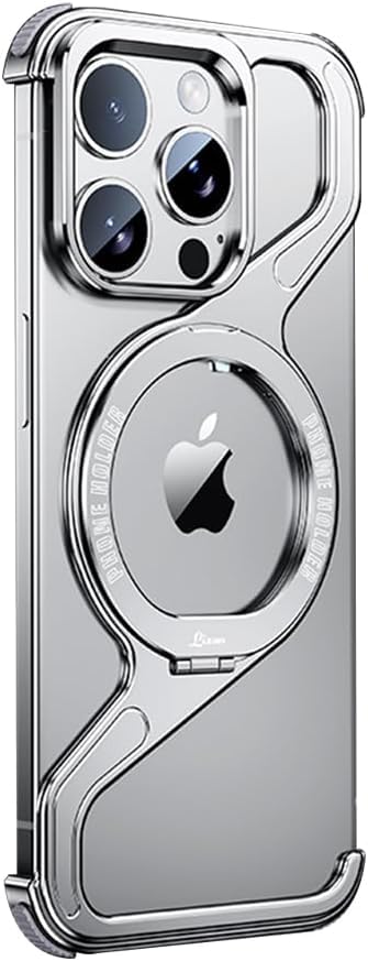 Z Shape Metal Bezel Drop Protection Case for iPhone 15/Pro/Pro Max, 360° Rotatable Stand, Mag Safe Compatible (Silver,15 Pro Max)