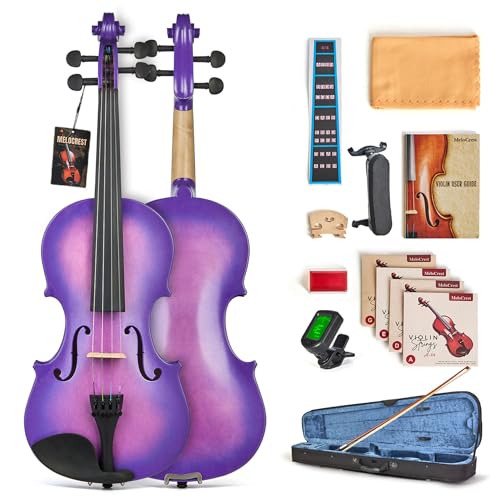 MeloCrest Prism Series 4/4 Solid Wood Violin – Colorful Finish, Ebony Fittings, Student Full-Size Violin Starter Kit with Tuner, Shoulder Rest & Extra Strings – Great Gift for Beginners (Purple)