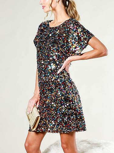 Women's Crewneck Sequin Shift Dress Short Sleeve Casual Holiday Sparkly Party Dress4