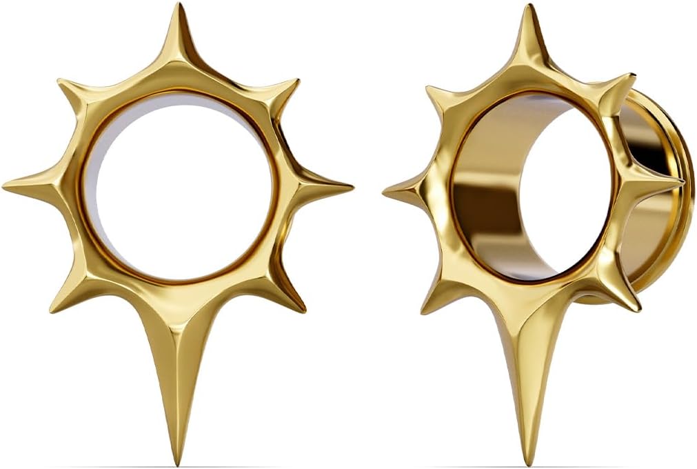 PUNKYOUTH Radiant Star Ear Tunnels Double Flare Ear Gauges Plugs Starburst Spikes Unique Gothic Body Piercing Jewelry for Women Men 6mm to 25mm 2g to 1 inch Alt Expander Stretched Lobe