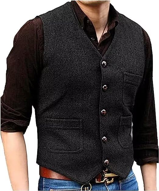 Mens Vintage Tweed Suit Vest V Neck Casual Wool Waistcoat for Wedding Groomsmen Men's Formal Vest-image-26