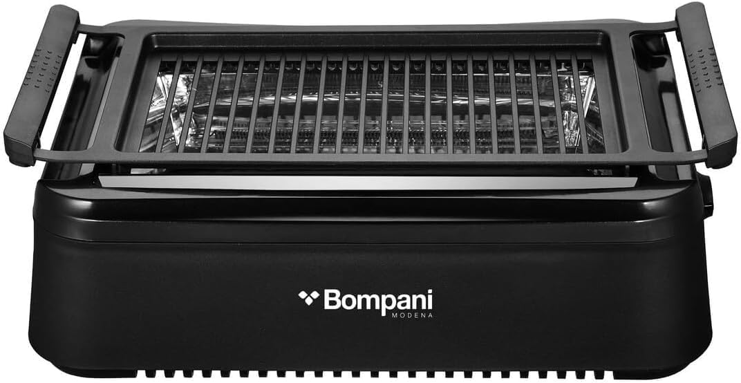 Bompani Indoor Smokeless Grill with Infrared Technology, Fast 230°C Heat, Sealed Tube Design, Even Convection, Cool-Touch Safety - User-Friendly, Quick Clean, Premium Performance - BBQ007 Black