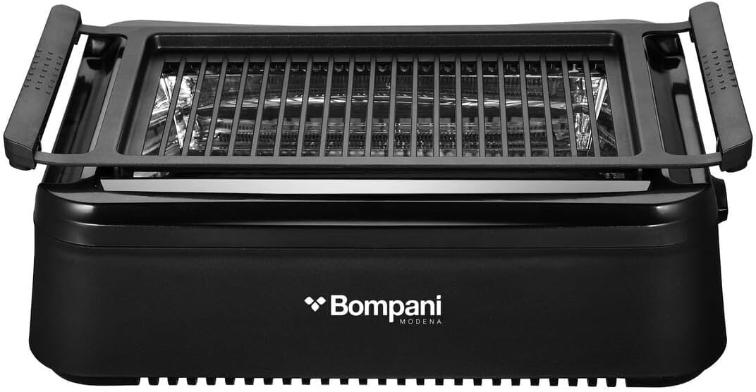 Bompani Indoor Smokeless Grill with Infrared Technology, Fast 230°C Heat, Sealed Tube Design, Even Convection, Cool-Touch Safety - User-Friendly, Quick Clean, Premium Performance - BBQ007 Black