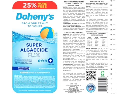 Image of Doheny's Super Algaecide Plus | Pro-Grade | Effective Against Most Algae Types | 7.1% Chelated Copper (Chelated to Reduce Staining) | Non-Foaming, No Clouding | Safe to Swim After Use | 40oz Bottle