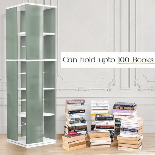 Image of ABOUT SPACE Rotating Book Shelf for Home Library - 5 Tier 360 Book Rack | Semi UV Gloss Laminate DIY Engineered Wood Book Stand with Partition & Bottom Turnplate (Green &White L 38 x B 38 x H 150 cm)