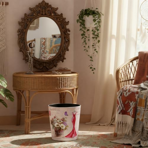 Image of PU Leather Small Trash Can Wastebasket, Round Garbage Container Basket for Bathrooms, Laundry Room, Kitchens, Offices, Kids Rooms, Bedrooms,Dorms,Home Decorative Art Bin, 2.9 Gallon(Red Dress)