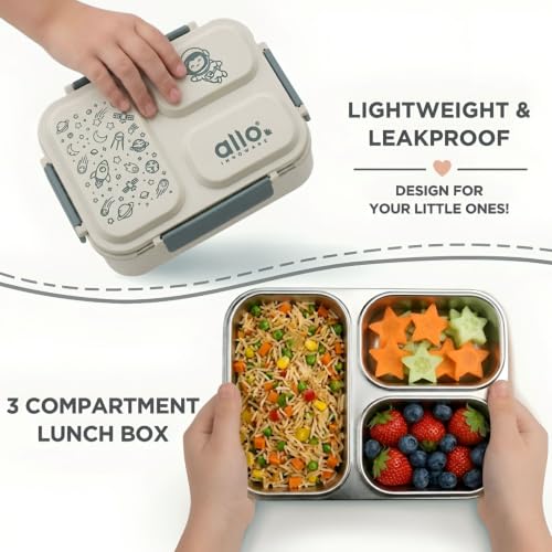 Image of Allo Bento Stainless Steel Lunch Box for Kids- BIS Approved, 304 Stainless Steel 3 Compartment Leakproof Tiffin Box for Boys and Girls for School, Travelling, Baby Snacks, 740ml Green Space