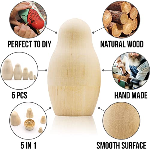 Aevvv Blank Russian Nesting Dolls Set 5 Pcs - Unpainted Dolls - Unfinished Nesting Dolls - Russian Nesting Dolls To Paint - Blank Nesting Dolls - Diy Gift #TOP2