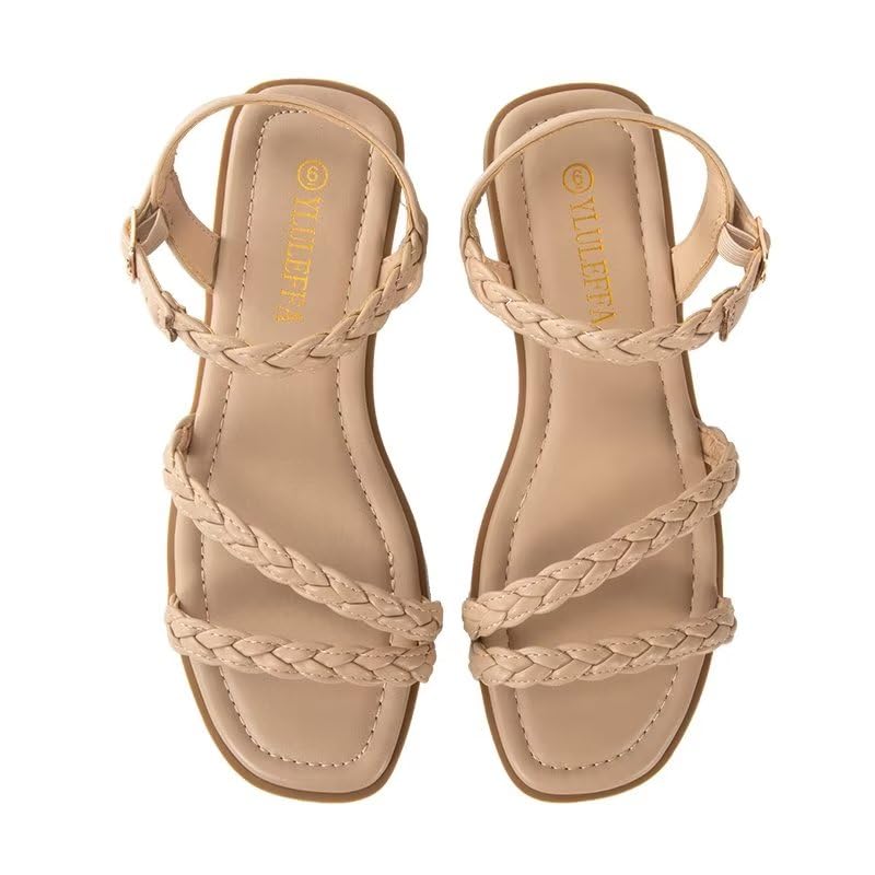 YLULEFFA Women's Braided Flat Sandals - Comfortable Cute Square Open Toe Slingback Summer Shoes with Adjustable Ankle Buckle