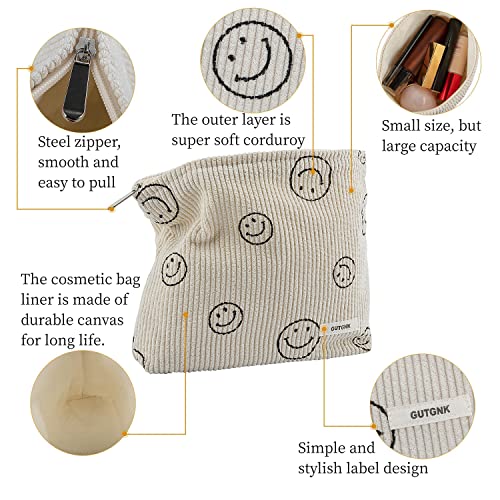 Gutgnk Cosmetic Bags For Women, Cute Smile Face Makeup Bag, Travel Makeup Bag Small Makeup Bag For Purse Organizer Makeup Organizer Aesthetic Stuff,Zippered Corduroy Make Up Bag Makeup Pouch - Beige #TOP5
