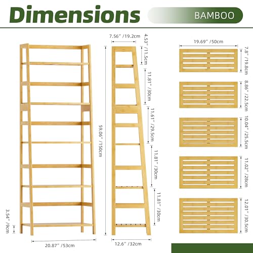 Ladder Shelf, 5-Tier Bookshelf, All Bamboo Heavy Duty Bookcase, Freestanding Open Wood Storage Rack, Modern Corner Display Plant Stand for Living Room, Home Office, Bathroom, Bedroom, Natural - Image 4