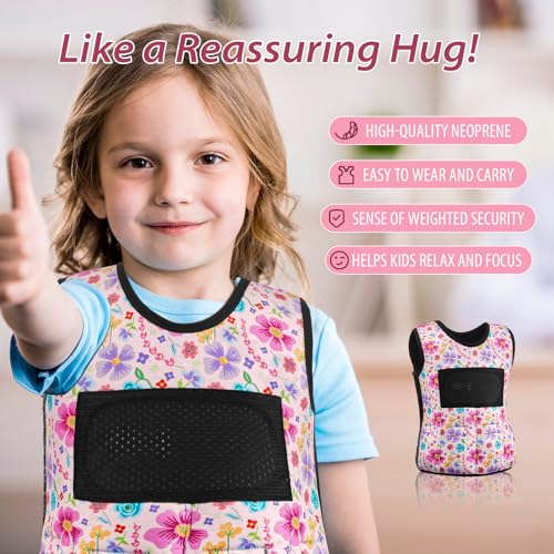 Image of Janmercy Weighted Vest for Kids Ages 2 to 9 Adjustable Neoprene Compression Vest Removable Weights Breathable Comfort Toddler(Flowers,Small,Pink)