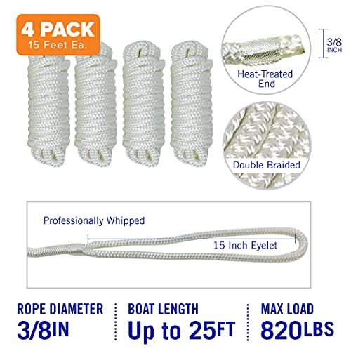 Image of Dock Lines for Boats 3 /8 inch x 15ft, 4 Pack Double Braided Nylon Boat Rope | 12 inch Loop, Marine Grade Mooring Line for Docking, White, Better Boat