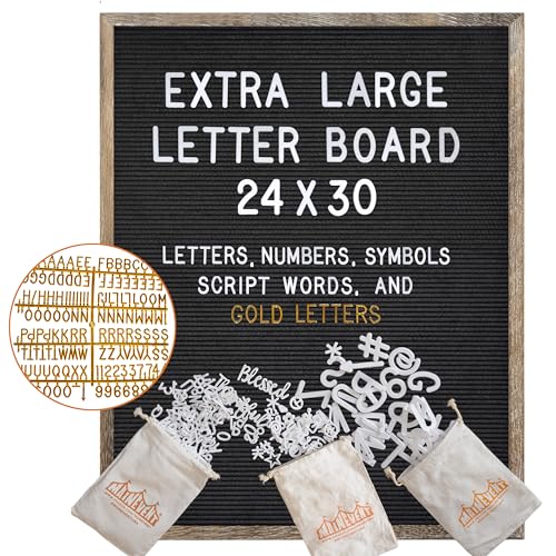 Image of Black Felt Letter Board Barnwood Frame 24x30 Inch with Gold Letters, Big Back To School Felt Board, Large Message Signboard