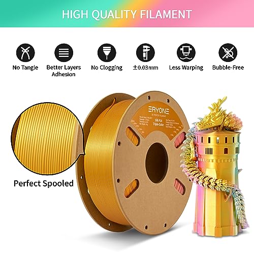 Image of ERYONE Silk Tri Color PLA Filament 3D Printer 1.75mm + /- 0.03mm, Multicolor Filament Tricolor PLA 1KG(2.2lbs) Cardboard Spool, Turquosie&Reddish Orange&Gold