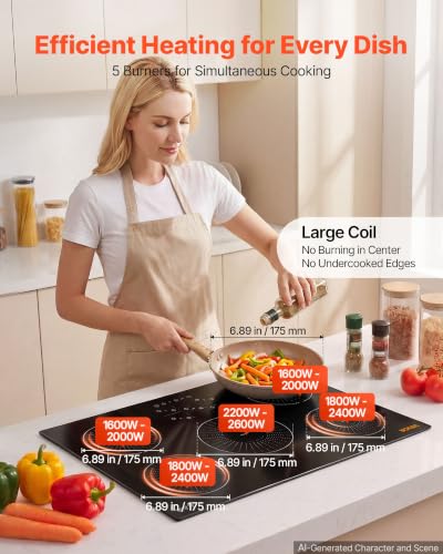 Image of VEVOR Built in Electric Stove Top,Electric Induction Cooktop 36In 5 Burners, Induction Cooktop, Touch & Independent Control, 9 Power Levels, Easy-Clean Ceramic Glass, Child Lock, 9200W, 220V No Plug