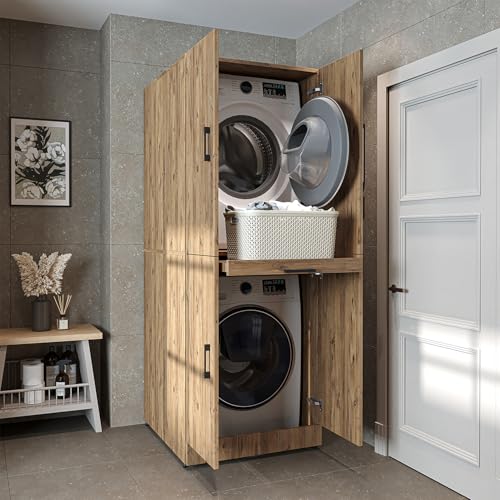 ROOMART Dora - Armadietto per lavatrice e asciugatrice in 4 colori, con ante e tavola estraibile in legno di quercia