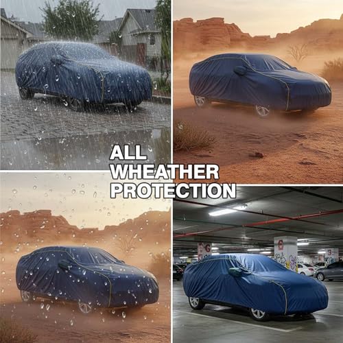 Image of Sulfar 100% Water Resistant Car Body Cover Compatible with Mirror for Mahindra Scorpio (Triple Stitched, Full Bottom Elastic, Blue Taffeta with Yellow Piping)