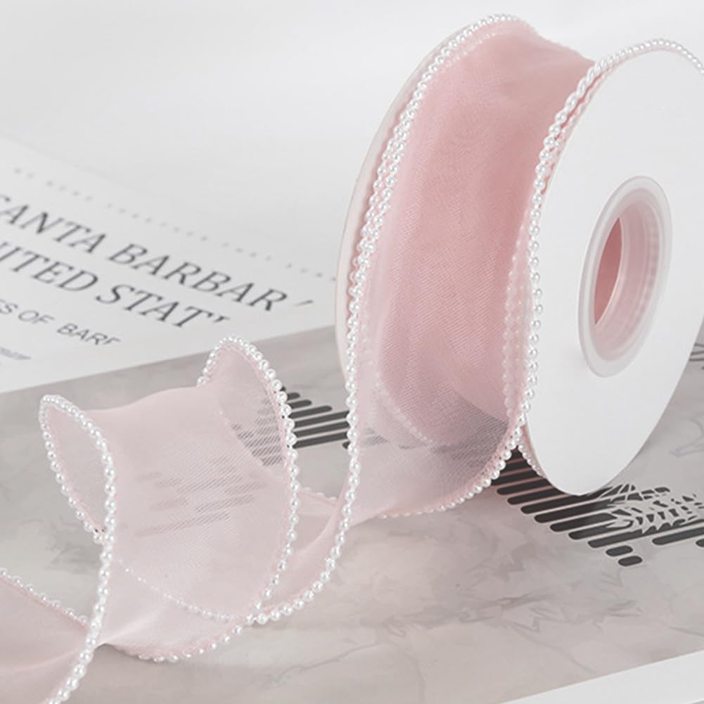 CABODYALS 4.57M 40mm Faux Pearl Edged Pink Organza Ribbon Fishtail Transparent Wired Chiffon Trim Smooth Sheer Mesh Ribbons Rolls with Spool for Sewing Making Crafts Bouquet Decorations DIY Supply - Image 4