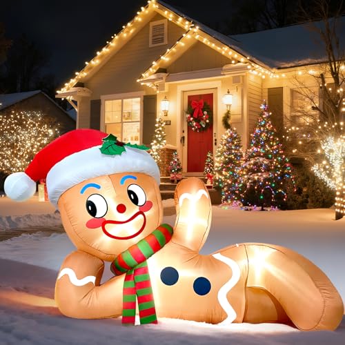 Christmas Inflatables Decorations Partyotu 10FT Christmas Inflatable Gingerbread Man Lying Gingerbread Inflatable Christmas Blow up Yard Decor with LED Lights for Garden Lawn Indoor Holiday