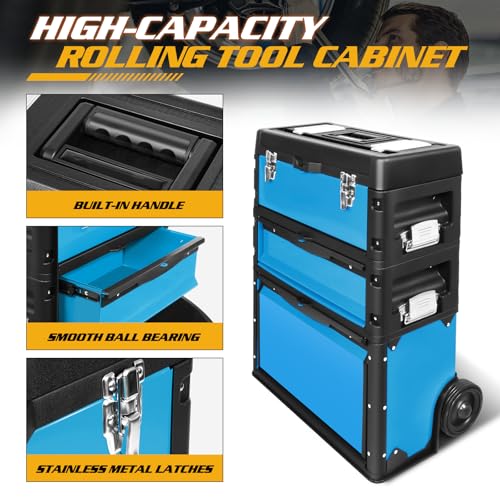 Image of Magshion Heavy-Duty Rolling Tool Box, 3-Tier Stackable Tool Chest System with Wheels & Drawers, Modular Organizer for Small Parts and Tools, Mobile Garage Workshop Storage in Black /Blue