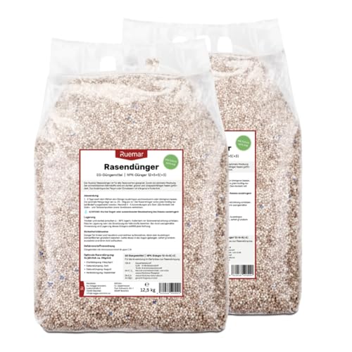 RUEMAR 25 kg (2x 12 5 kg Sack) Rasendünger nährstoffreicher Dünger für Rasen und Garten wasserlösliches Granulat zum Streuen für alle Rasensorten Sofort- und Langzeitwirkung 3 Monate