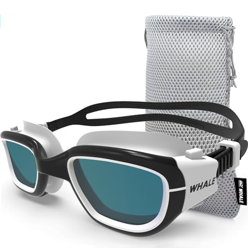 Whale Swim Goggles-A2 GE Patented Upgraded Polarized Swimming Goggles Anti-Fog Anti-UV for Adult Men Women Youth (Plane mirror, Black and white frame)