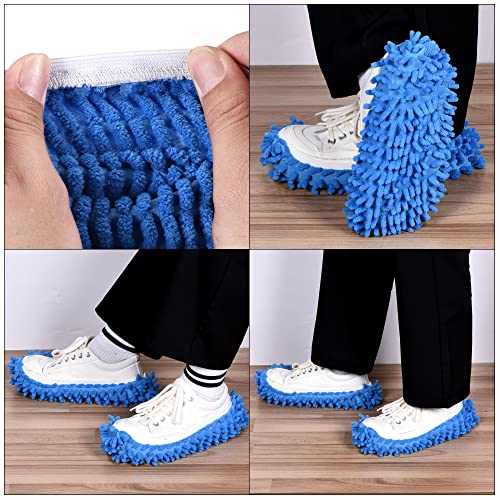 Image of MECCANIXITY Washable Cleaning Shoes Cover Multifunction Chenille Duster Mop Slippers Foot Socks for House Floor, Pack of 4 Blue
