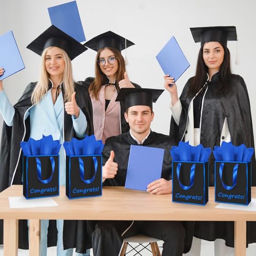 Image of Yeaqee 24 Pack Metallic Paper Gift Bags, Black, Blue | with Satin Ribbon Handle and Tissue, 9x7x3.1 Inch, Suit Business, Birthday, Christmas, Thank You Return Gifts Bags