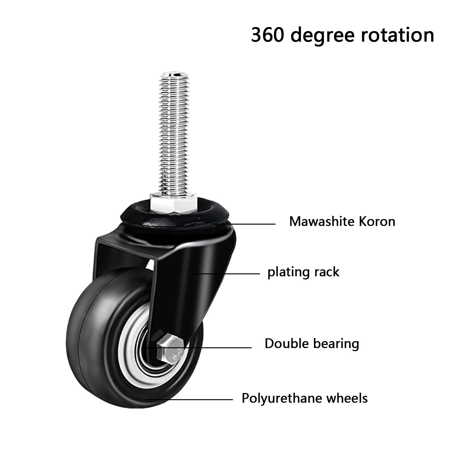 2 Pouce roulettes Petits à M12 Tige Filetée, roulettes Pivotantes avec Frein, Capacité de Charge 140kg, 4 Roues for Meubles Silencieuses(Swivel,M12*60mm)