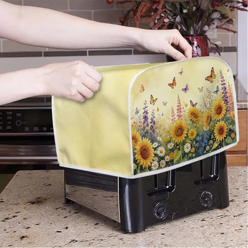 Image of Talayituse Sunflower Flower Butterfly Print Toaster Cover 2 Slice Wide Slot, Lightweight Bread Maker Cover Dust Protection Washable Appliance Bag, S