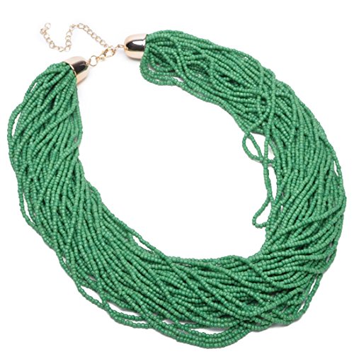 Fashion Multilayer Seed Bead Chain Choker Collar Cluster Strand Handmade Bib Statement Necklace (Green)