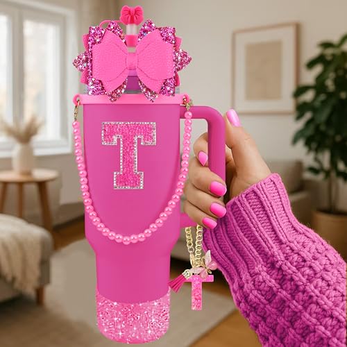 Hpebl 9PCS Hot Pink for Stanley Cup Accessories Set Bling Initials Bow Charms for Stanley Decorations 30/40 Oz Tumbler Accessories Including Bow Straw Topper, Handle Strap, Spill Stopper（Letter T） - image 2