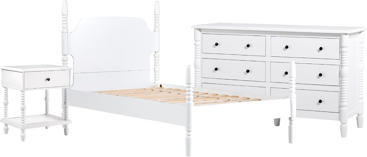 Walker Edison Solid Wood Spindle Vivienne Twin Bed EZ Assembly™ Premium 1-Drawer Nightstand and 6-Drawer Dresser, 3-Piece, White