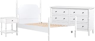 Walker Edison Solid Wood Spindle Vivienne Twin Bed EZ Assembly™ Premium 1-Drawer Nightstand and 6-Drawer Dresser, 3-Piece, White