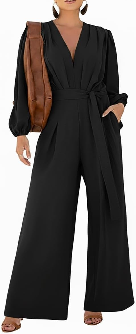 CHICME Womens Elegant Long Puff Sleeve Jumpsuit Deep V Neck Tie Waist Casual Wide Leg Pants Romper with Pockets